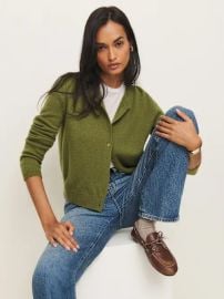 Clara Cashmere Crew Cardigan in Pear at Reformation